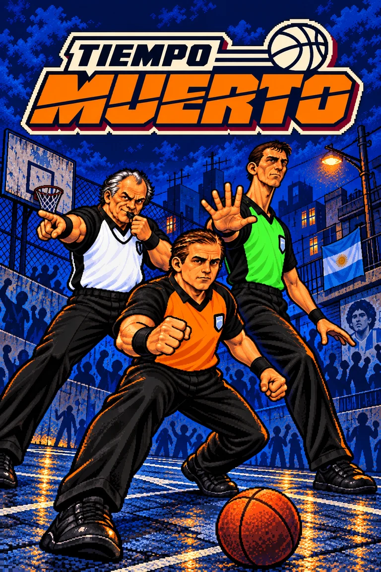 Tiempo Muerto: tapa arcade con los árbitros tomando la cancha del barrio